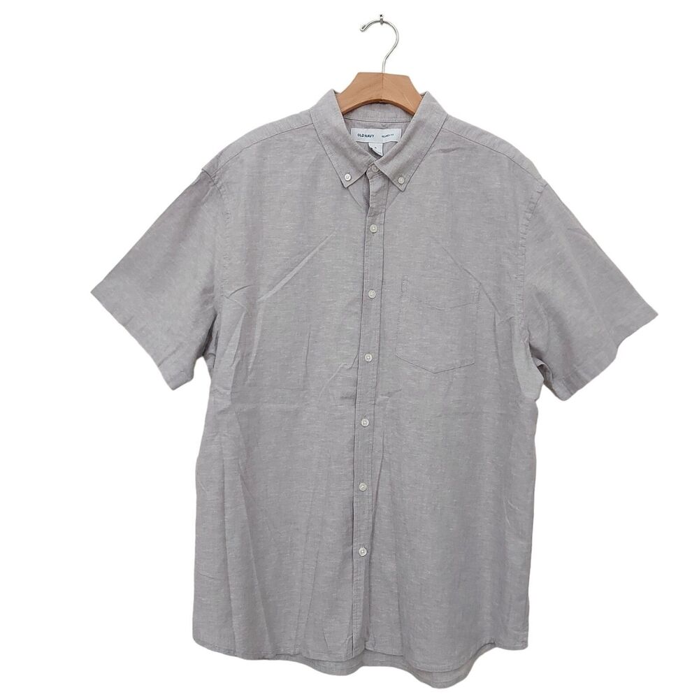 Old Navy Linen Cotton Shirt Mens XL Gray Relaxed Fit Short Sleeve Work Casual